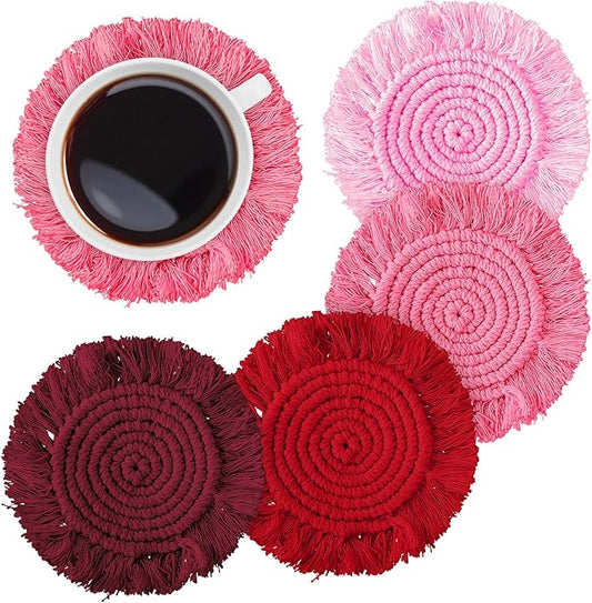 Whaline 4Pcs Boho Macrame Coasters Handmade Woven Drink Coasters Red Pink Farmhouse Cup Mat Pad for Home Kitchen Office Valentine's Day Party Table Decor