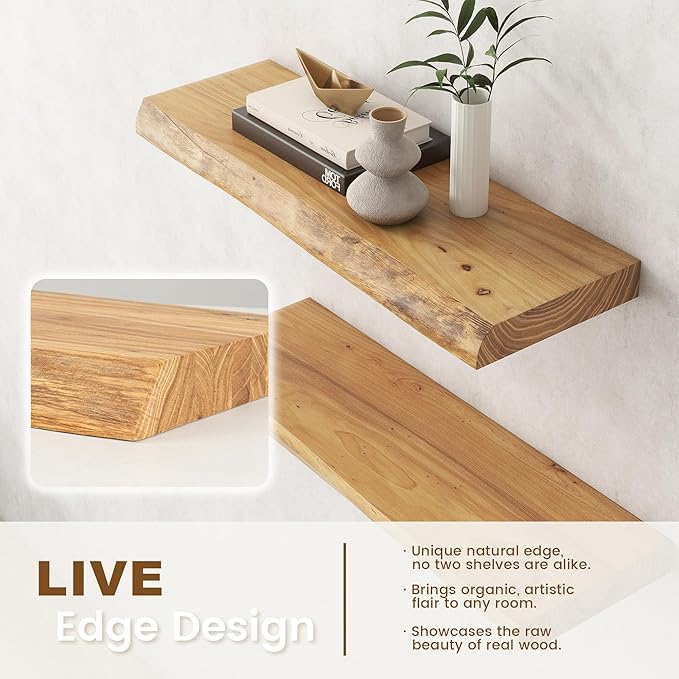 Live Edge Elm Floating Shelves for Wall Decor, Rustic Solid Wood Shevles Wall Mounted with Invisible Bracket for Living Room Bathroom Bedroom Kitchen, 48 Inch Set of 1, Natural