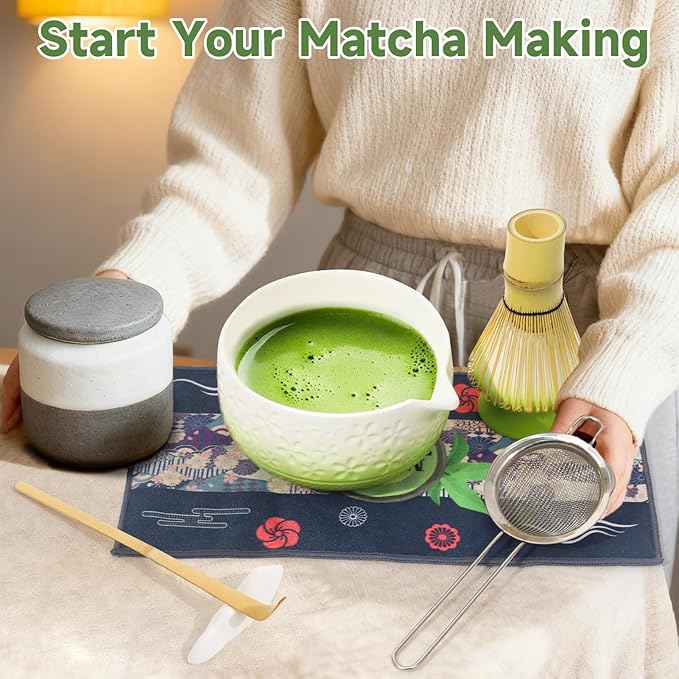 Matcha Whisk Set, 7Pcs Green Matcha Kit for Ceremony, Handcrafted Gifts for Women, Traditional Ceramic Matcha Bowl with Spout, Bamboo Whisk and Holder, Tea Set for Matcha Lovers, Gift for Christmas