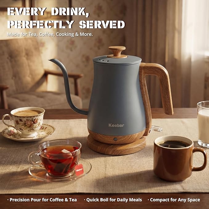 Gooseneck Electric Kettle, Electric Tea Kettle Stainless Steel, Electric Kettle for Coffee, 1000W Kettle Electric Auto Shut Off, 0.8L, Wood-like Grain Finish Handle, Gray