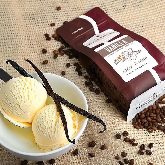 Fresh Roasted Coffee, Decaf French Vanilla Flavored Coffee, 12 oz, Medium Roast, Kosher, Whole Bean