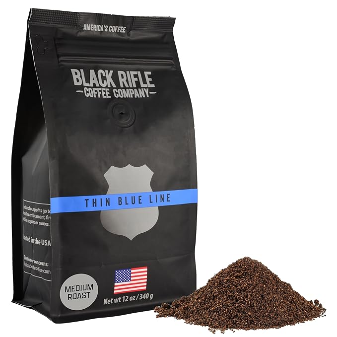 Black Rifle Coffee Company Thin Blue Line, 12oz Bag, Ground Coffee Medium Roast - Roasted Blend Made from Arabica Beans - Colombian & Brazilian Beans - Veteran Founded & American Made