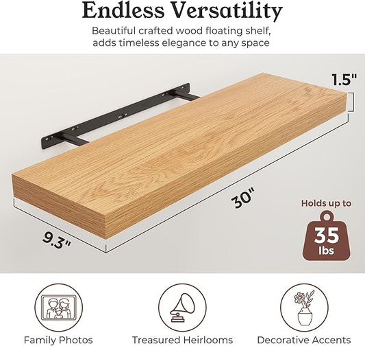 Floating Shelves for Wall, 9.3" Deep Wall Mounted Wood Shelves for Bathroom, Bedroom, Living Room, Kitchen, Hanging Shelf for Books/Storage/Room Decor (Oak, 30")
