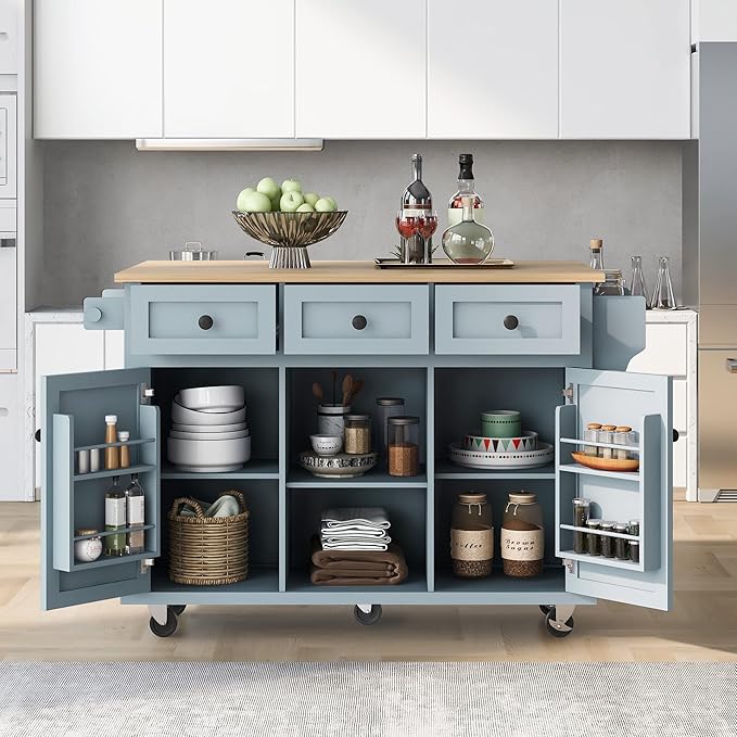 Rolling Kitchen Island with 2 Bar Stools, Drop Leaf, Cabinet Door Storage Racks & 3 Drawers, Mobile Kitchen Cart with Rubberwood Top & Locking Wheels for Dining Room & Kitchen, 53-Inch, Grey Blue