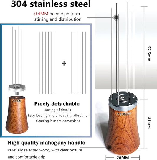 NEOUZA Coffee WDT Distribution Tool Accessories, Wooden Handle, 0.4mm 6 Stainless Needles, Espresso Powder Stirrer