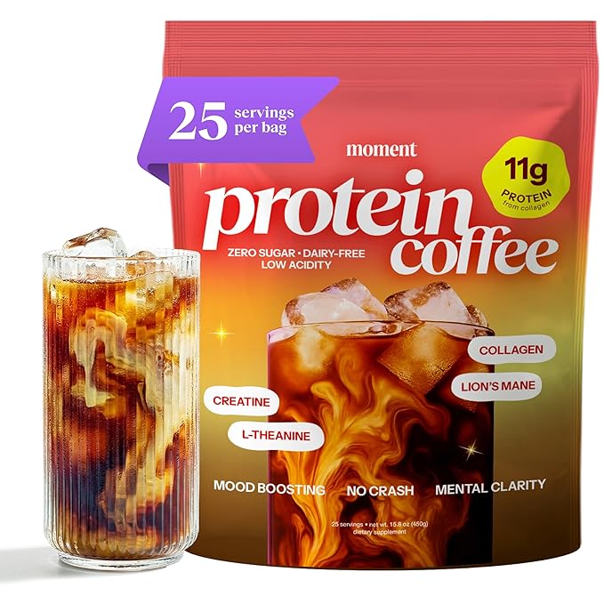 Moment Protein Coffee Powder with Mushrooms & Creatine – Zero Sugar, Low Acidity Instant Protein Coffee Powder with Lion’s Mane, Reishi & L-Theanine for Energy, Focus & Mental Clarity-25 Servings