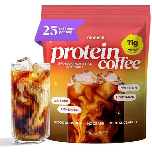 Moment Protein Coffee Powder with Mushrooms & Creatine – Zero Sugar, Low Acidity Instant Protein Coffee Powder with Lion’s Mane, Reishi & L-Theanine for Energy, Focus & Mental Clarity-25 Servings