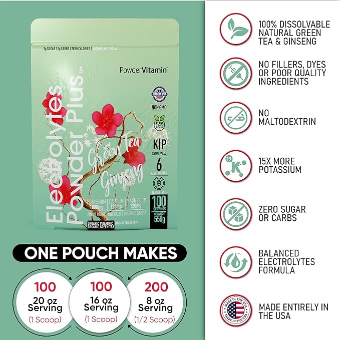 PowderVitamin Electrolytes Powder Plus (100 Servings) Green Tea Ginseng Electrolyte Powder Keto, Sugar Free, Pink Himalayan Salt,1000mg Potassium,150mg Calcium,150mg Magnesium, Hydration Powder