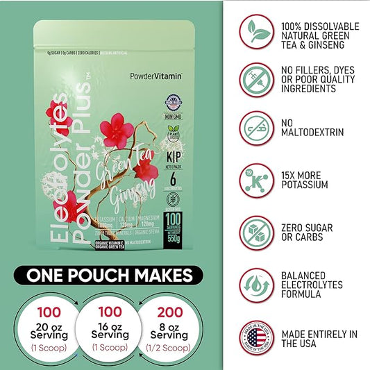 PowderVitamin Electrolytes Powder Plus (100 Servings) Green Tea Ginseng Electrolyte Powder Keto, Sugar Free, Pink Himalayan Salt,1000mg Potassium,150mg Calcium,150mg Magnesium, Hydration Powder