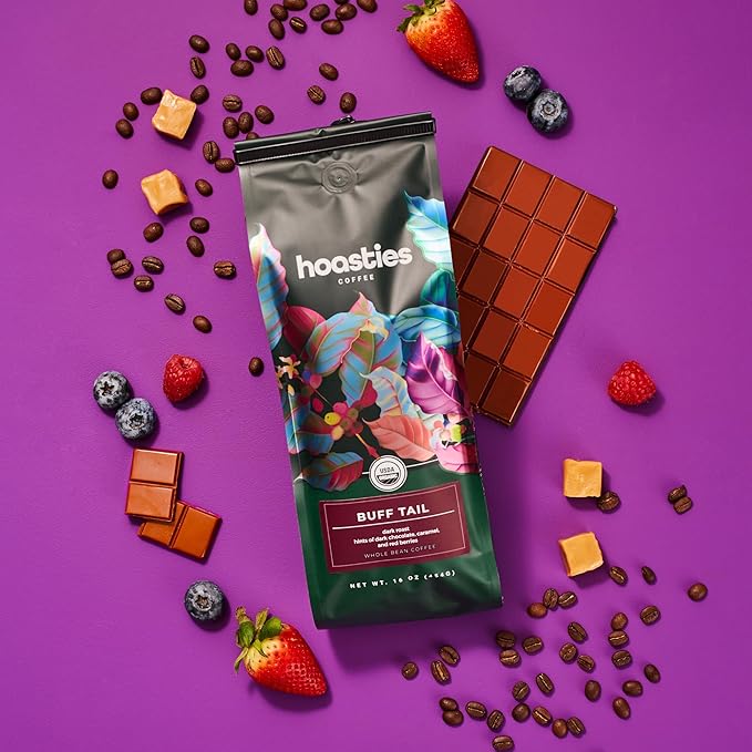 Hoasties Coffee Buff Tail - Dark Roast Whole Bean Organic Coffee, Made 100% Colombian Arabica Coffee Beans, 16 ounces