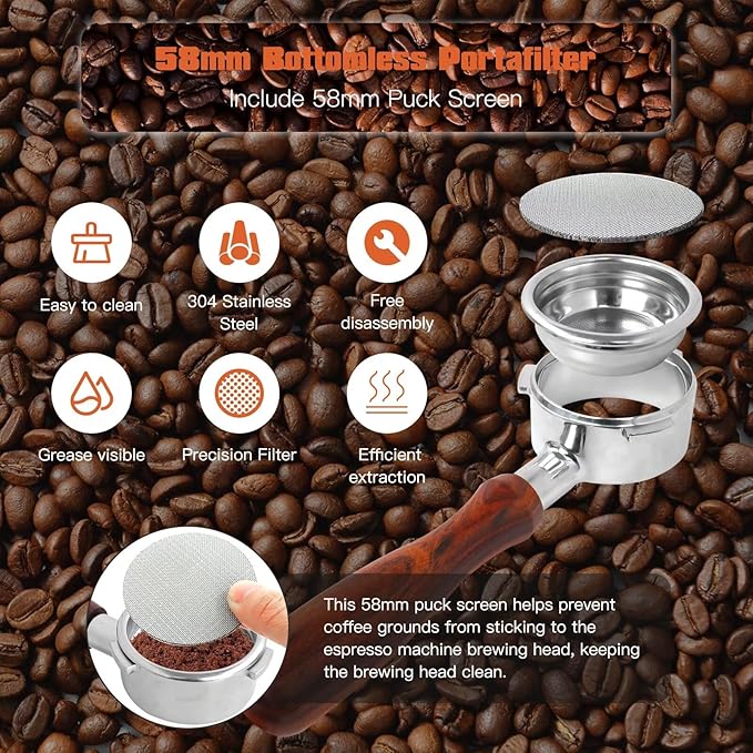 Upgraded 58mm Bottomless Portafilter with 3 Ears, Espresso Portafilter with Filter Basket and Puck Screen, Fit for CAS-ABREWS 5700 Series, for Café Bellissimo Semi Automatic
