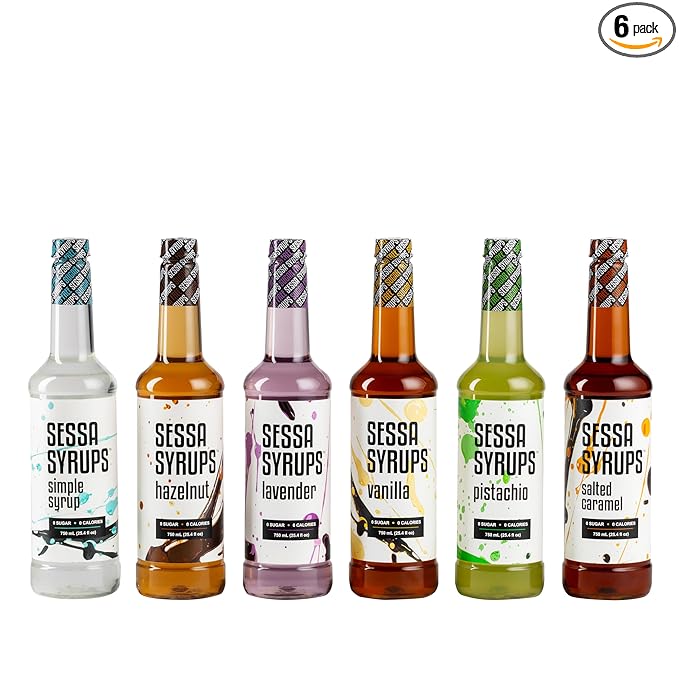 Sessa Syrups Sugar Free Sampler Pack: Simple Syrup, Hazelnut, Lavender, Vanilla, Pistachio, Salted Caramel (25.4 Fl Oz, 6 Pack)