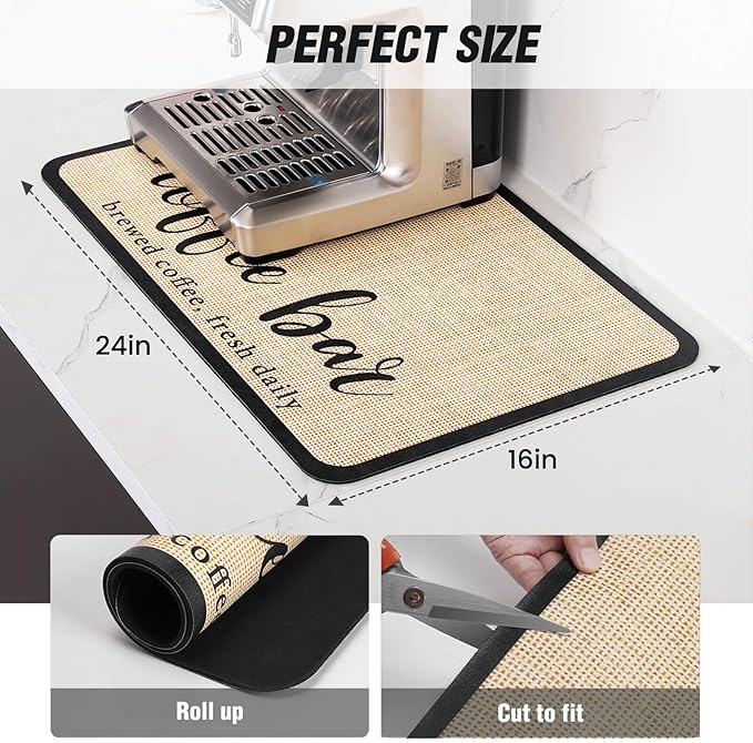 DK177 Coffee Mat - Dish Drying Mat for Kitchen Counter, Hide Stain, Absorbent with Waterproof Rubber Backing, Fit Kitchen Dish Rack Bar Accessories (Christmas Red, 24" x 16")