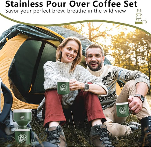 Stainless Steel Pour Over Coffee Maker Set, Outdoor Coffee Dripper, Reusable Coffee Filter&Insulated Camping Mug (16oz), for Hiking, Camping&Outdoor Adventures, Rinse-clean&Portable -Green