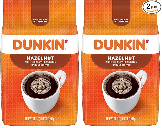 Dunkin' Hazelnut Flavored Ground Coffee, 18 Ounce (Pack of 2)