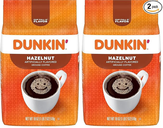 Dunkin' Hazelnut Flavored Ground Coffee, 18 Ounce (Pack of 2)