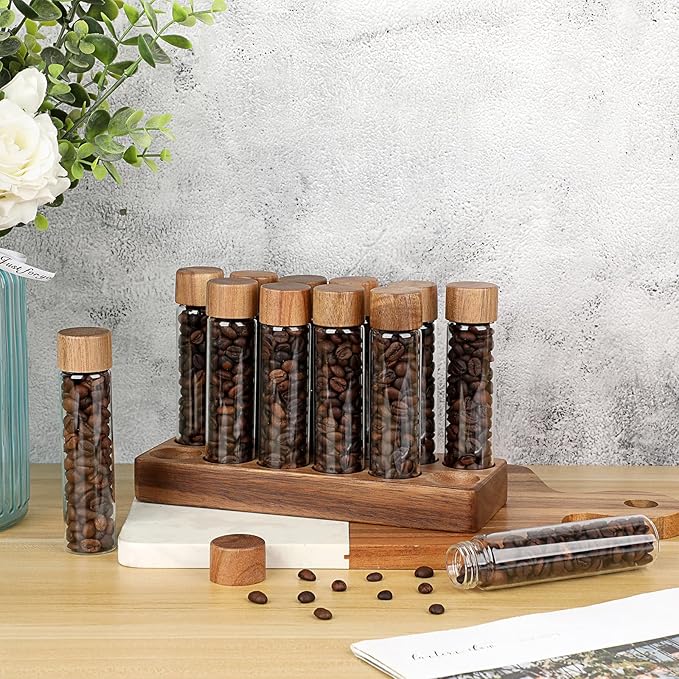 JUXYES Set of 12 Single Dose Coffee Bean Storage Tubes with Wooden Stand and Lids, Dosing Glass Vials for Coffee Storage, Coffee Bean Container Cellars, Espresso Bean Canisters Set, 2 fl oz
