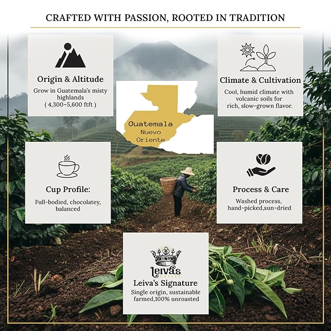 Leiva’s Unroasted Green Coffee Beans (1kg) – Nuevo Oriente Single Origin Coffee w/Rich Chocolate Notes – Washed, Shade Grown Organic Guatemala Beans – Low Acid, Whole Bean Unroasted Blend
