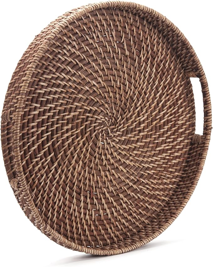 Round Rattan Woven Serving Tray with Handles Ottoman Tray for Breakfast, Drinks, Snacks for Coffee Table, Home Decorative (Honey Brown, 13.8"x2")