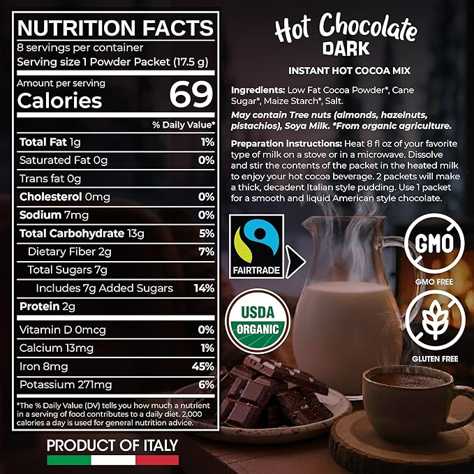 Cafe Garibaldi Premium Dark Hot Chocolate - Organic Instant Cocoa Mix with Dark Cacao Powder, Fair Trade, Gluten-Free, & GMO-Free, 8 Servings x 0.62oz Packets, Ideal Italian Hot Chocolate Gift