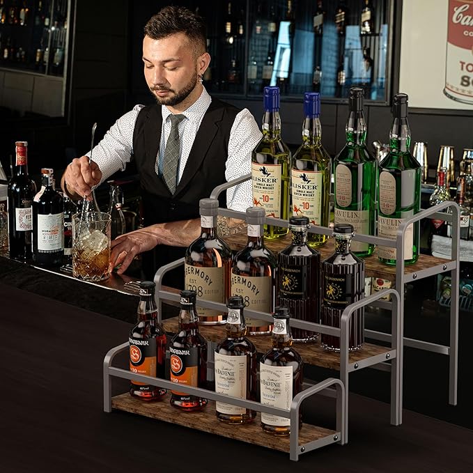 DTUQYX Coffee Syrup Organizer 3-Tier, 12 Bottles Capacity Coffee Syrup Rack, Syrup Stand for Spice, Wine, Liquor, Bottle, Coffee Bar Station Racks Magnetic, No Installation (Dark Wood, Grey)