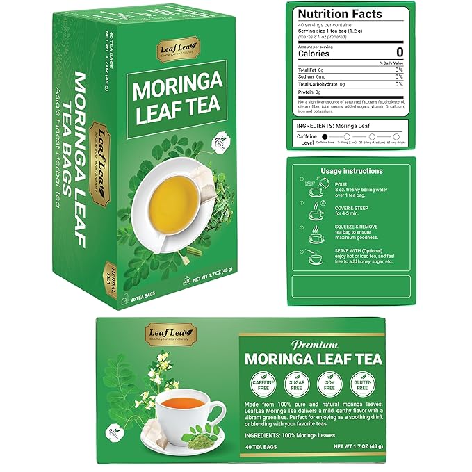 LeafLea 80 Moringa Tea Bags, Made from Natural Moringa Leaves, Caffeine-Free Herbal Tea, Sugar-Free, Individually Wrapped for Fresh Flavor (Pack of 2)