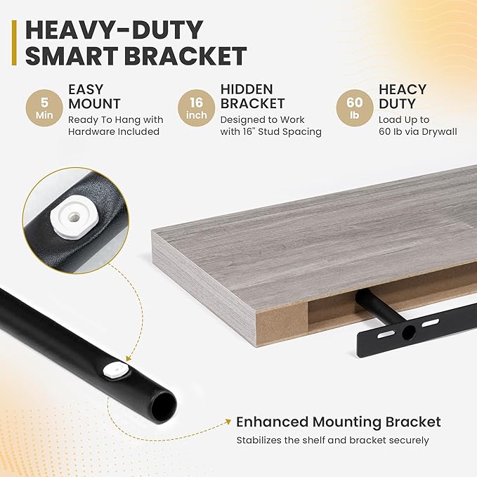 72 Inch Floating Shelves, 9.3" Deep Floating Shelf Wall Mounted, 72" Wall Shelves, Rustic Deep Bookshelf, Large Display Shelves & Storage Shelves for Bedroom, Living Room, Grey, Set of 2
