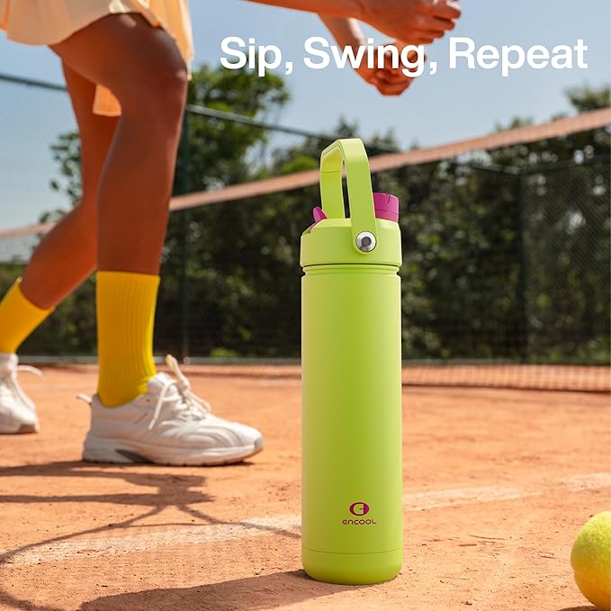 ENCOOL Insulated Water Bottle with Straw Stainless Steel Water Bottle, Leak-Proof, BPA-Free, Double Wall Vacuum Keeps Cold for 24 Hours for Sports, Travel, School (32 oz, Acid Green)