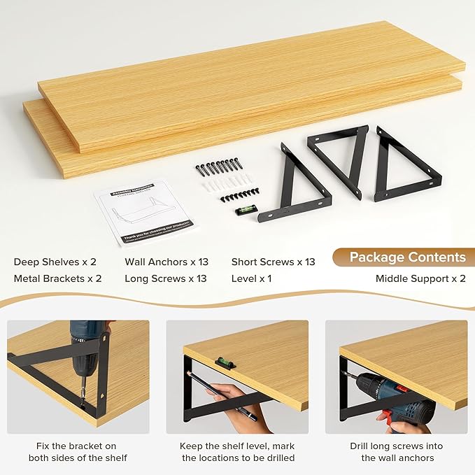 Deep Floating Shelves Wall Mounted, 36"x12" Oak Wall Shelves with Brackets Set of 2 for Bedroom, Living Room, Bathroom, Kitchen, Office - Storage & Display Shelf for Decor, Books, Plants
