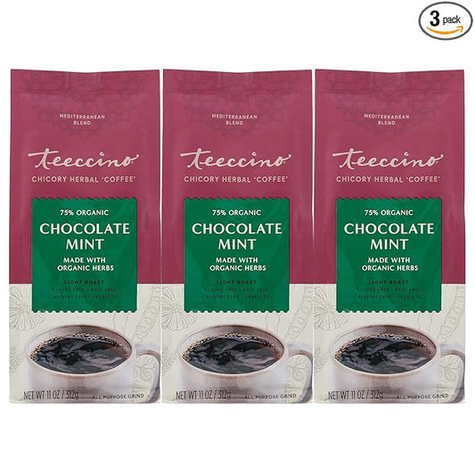 Teeccino Chocolate Mint Chicory Coffee Alternative - 11 Ounce - Ground Herbal Coffee That’s Prebiotic, Caffeine Free & Acid Free, Light Roast, (Pack of 3)