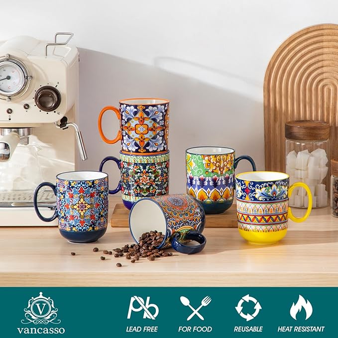 vancasso Boho Coffee Mugs Set of 6, 14 oz Ceramic Mugs with Handle, Colorful Porcelain Cups Microwave Dishwasher Safe, for Latte Tea Cappuccino Cocoa Hot Chocolate