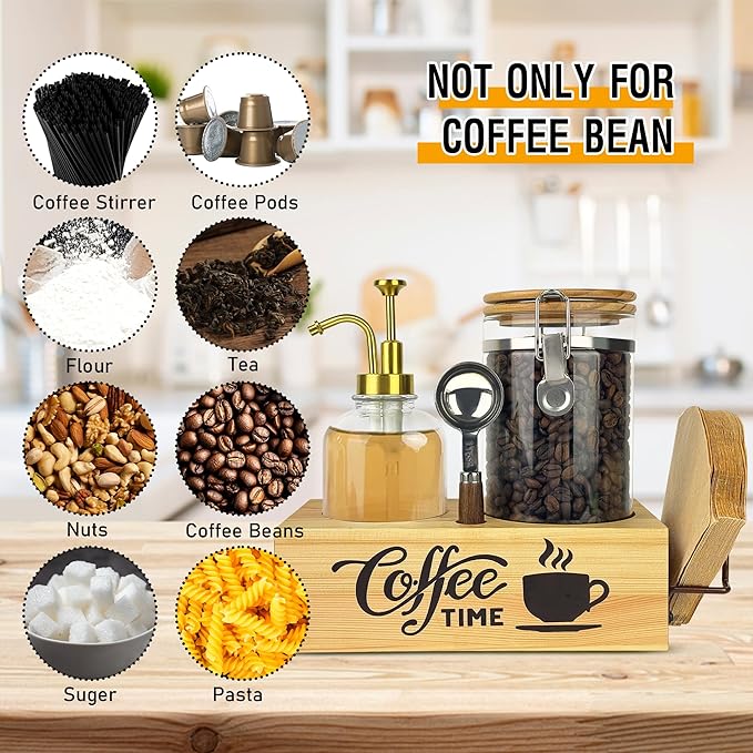 Coffee Container with Syrup Dispenser and Shelf & Spoon,40oz Air tight Glass Storage Jars and 16.9oz Glass Syrup Bottle,Coffee Bar Accessories for Kitchen Organization(1 Jar 1 Dispenser)
