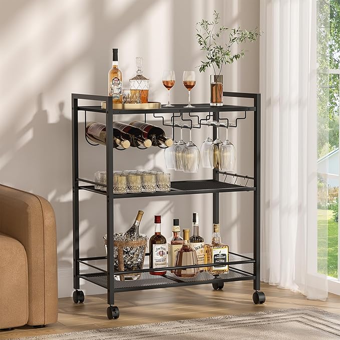 Bar Cart, Home Bar Serving Cart with 3-Tier Shelf,Microwave Cart with Lockable Wheels,Mobile Kitchen Shelf,Rolling Beverage Cart with Wine Rack and Glass Holder for Kitchen,Dinning Room,Black