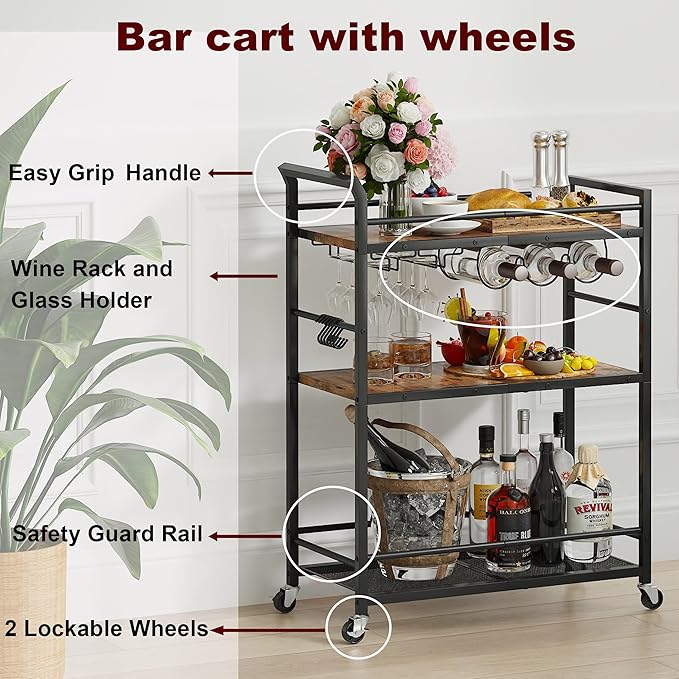 Metal Bar Carts, Rolling Bar Cart with Wheels, Liquor Cart, Rustic Brown Small Bar Cart, Wine cart, Beverage Cart with Glass Holders & Wine Rack for Kitchen Dining Living Room (Rustic Brown) GBC507R