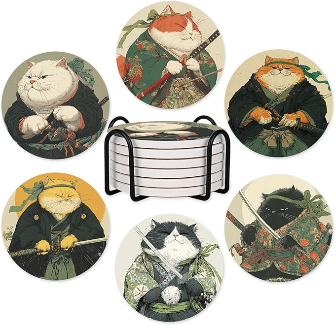 6Pcs Cat Coasters Ninja Edition with Holder, Funny Anime Cat Ceramic Drink Coaster for Kinds of Cups Coffee Table Decor Cats Lover Gifts