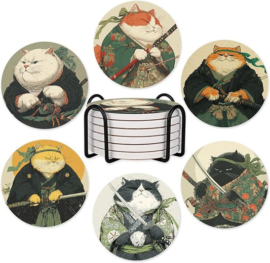 6Pcs Cat Coasters Ninja Edition with Holder, Funny Anime Cat Ceramic Drink Coaster for Kinds of Cups Coffee Table Decor Cats Lover Gifts