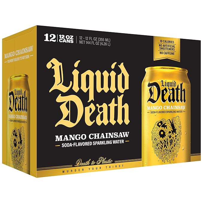 Liquid Death Soda-Flavored Sparkling Water - Mango Chainsaw (Mango Orange), Less Sugar*, Huge Flavor, No Caffeine, No Artificial Sweeteners, 12 Fl Oz (Pack of 12)