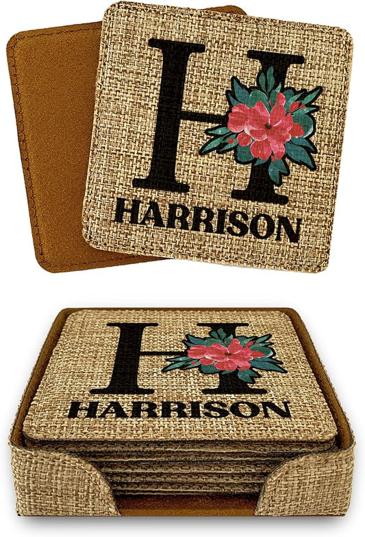 Smile Art Design Family Monogram Custom Coaster Set of 6 with Base Square Burlap Material Family Name Personalized Prints Personalized Gifts House Warming Wedding Gift Living Room Rustic Decor Style6