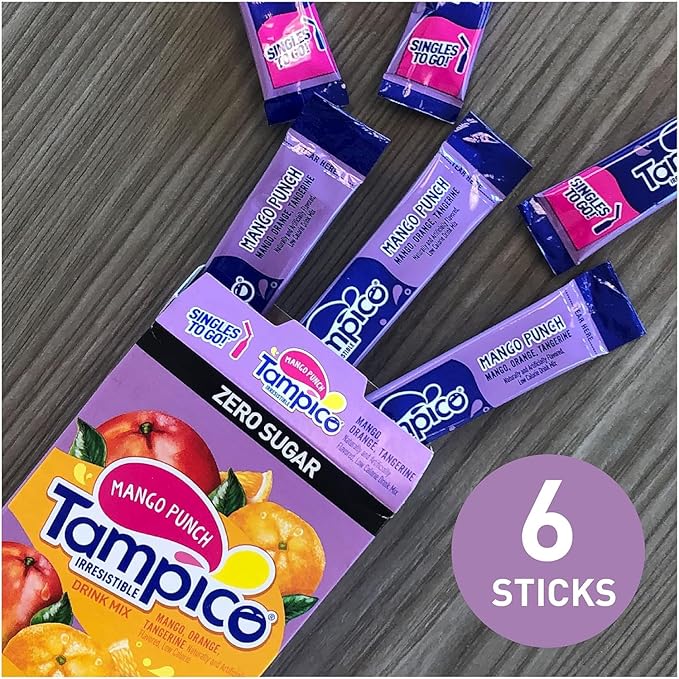 Tampico Singles To Go Drink Mix Packets, Mango Punch, Zero Sugar, Low Calorie, 100% DV of Vitamin C per Serving, Convenient, On-The-Go Water Enhancers, 6 Count (Pack - 3)