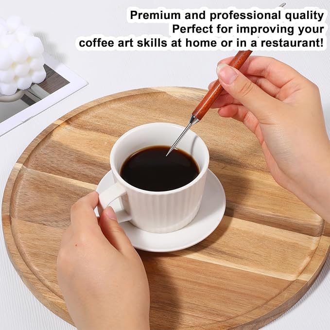 3 Pack Latte Art Pen Set Stainless Steel Latte Art Tools Coffee Drawing Tool with Wood Handle Double Ended Barista Accessories for Espresso Designs, Home and Cafe Use