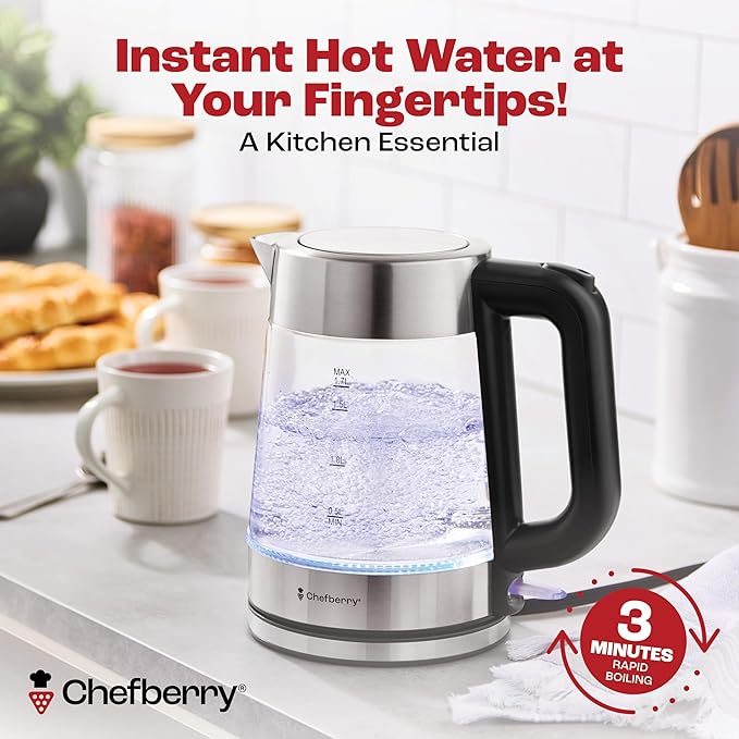 Electric Kettle for Boiling Hot Tea & Water | 1.7L Stainless Steel Borosilicate Glass Boiler With No Plastic, Automatic Shutoff, BPA Free, Fast Heating Technology (Black)