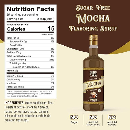 ChocZero Sugar Free Mocha Coffee Syrup – Keto Friendly, Zero Sugar & Low Calorie, No Sugar Alcohols – 25.4 Fl Oz