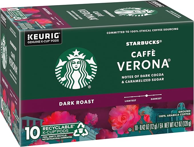 Starbucks Caffe Verona Coffee K-Cup Pods, Dark Roast Arabica Coffee, 20 Count (Pack of 2 Boxes)