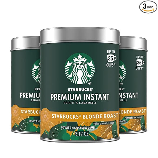 Starbucks Premium Instant Coffee, Starbucks Blonde Roast Coffee, Arabica Beans, Three 3.17 oz Tins