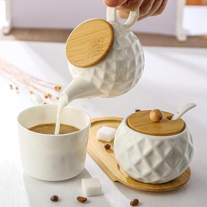 Ceramic Creamer and Sugar Sets,12oz Cream Pitcher, 7.5oz Sugar Bowl with Tray, Spoon and Lid for Cream and Sugar Spices, Condiments, Coffee Accessories,Tea