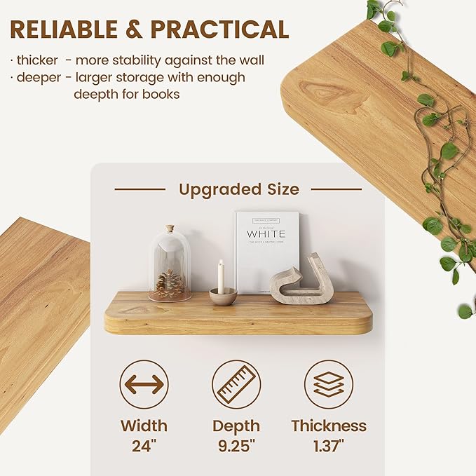 Reclaimed Elm Wood Floating Shelves for Wall Round Edge, 24"W x 9.2"D x 1.37"H, Set of 2 with Invisible Bracket, Wall Mounted Shelves for Living Room Bedroom Kitchen Bathroom Decor, Natural Finish