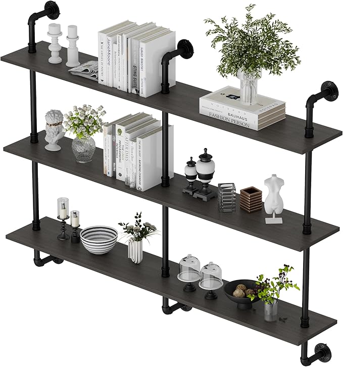 3-Tier Industrial Pipe Floating Shelf – Rustic 60 inch Wood Wall-Mounted Storage Shelf for Kitchen Office,Bathroom & Home Decor -Black
