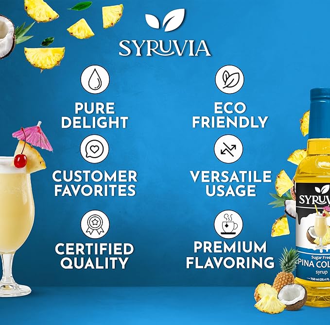 Syruvia Sugar Free Pina Colada Syrup, Flavored Syrup for Cocktails, Drinks, Lemonades, Iced Teas, and Desserts – 25.4 fl oz, With Pump