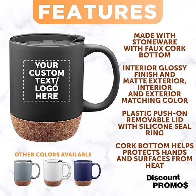 Custom Barista Ceramic Mugs with Cork Bottom 13 oz Set of 12/36/72 Personalized Bulk Pack Perfect for Coffee Tea Espresso Hot Cocoa Other Beverages - Black