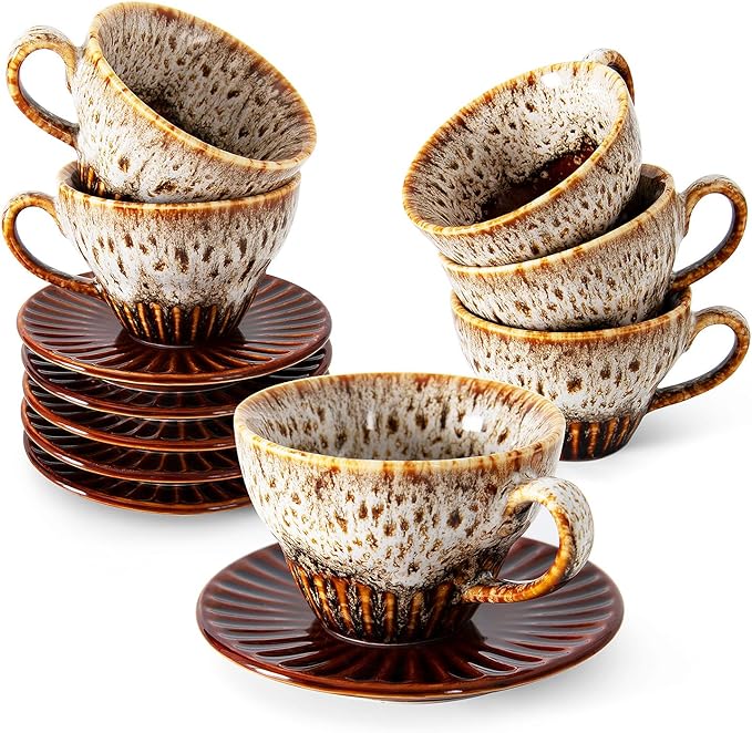 YINUOWEI 2 oz Espresso Cups Set of 6, Ceramic Cappuccino Cups with Saucers, Stackable Coffee Cup for Macchiato, Single shot, Tea, Coffee Lover Gifts, Glazed White